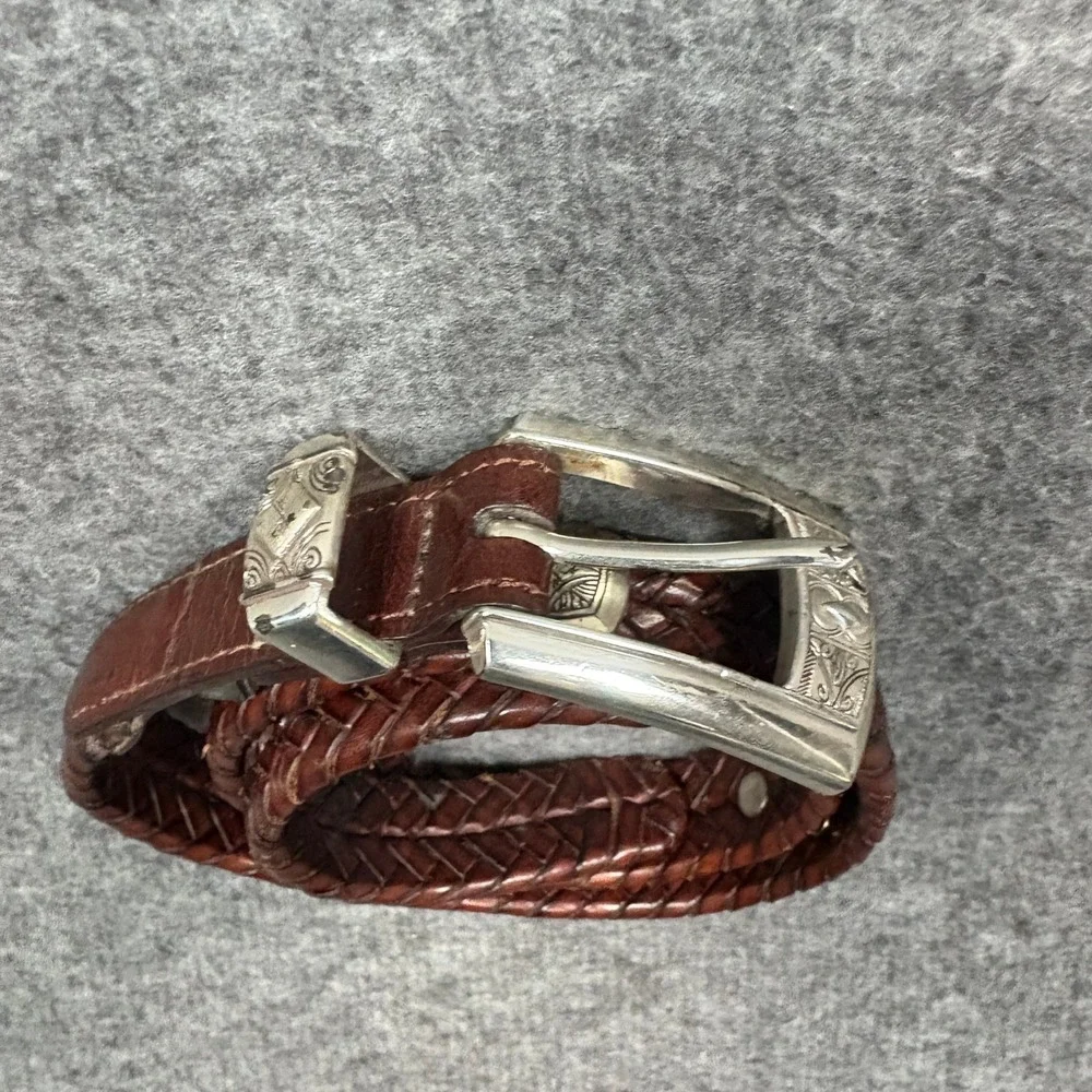 Brighton Braided Leather Belt Brown Silver Buckle‎ Western Boho Women's 28